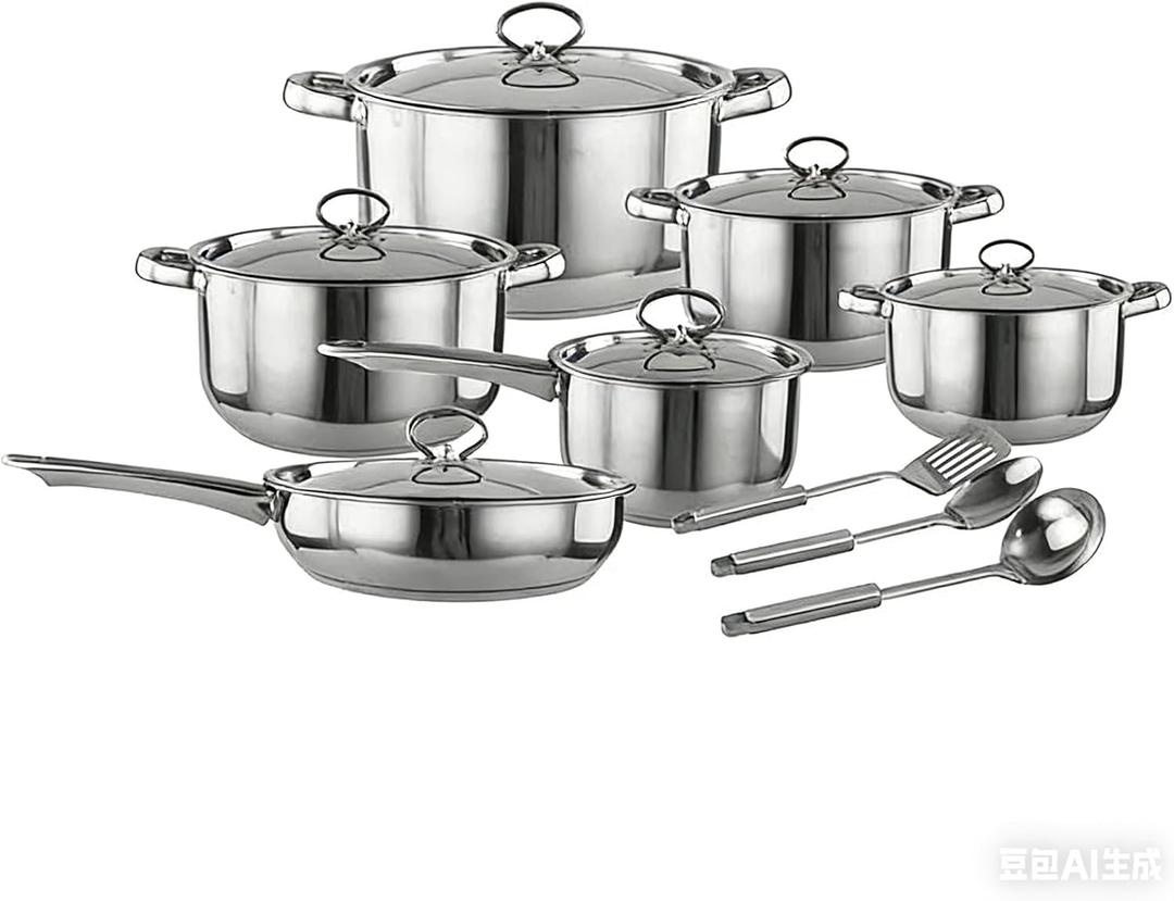 Stainless Steel Cookware Set, 15 Piece Set with Steel Handle, Composite Bottom for Daily Cooking (15), Set of 15