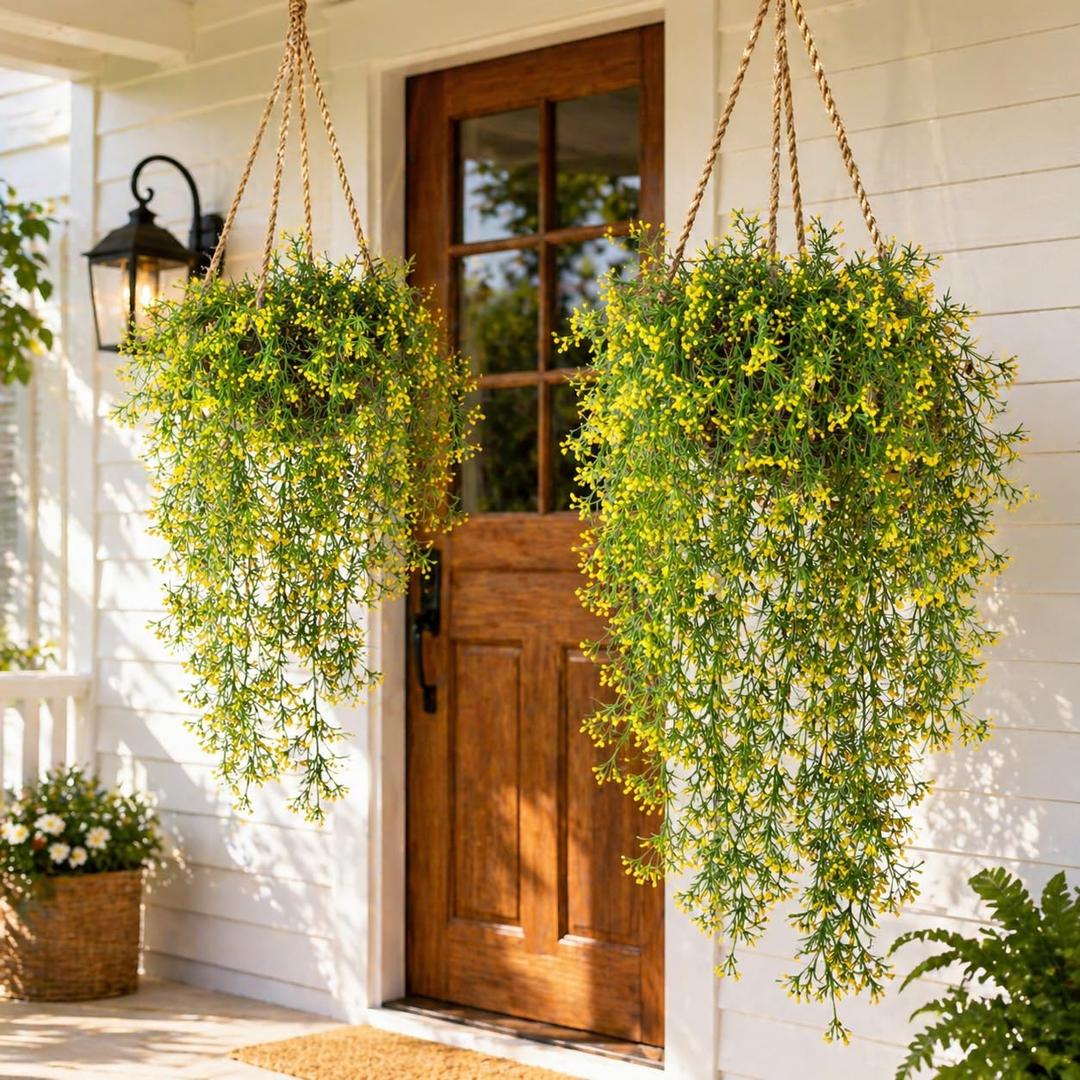 RAINFLOW Artificial Flowers for Outdoors - 2PCS UV Resistant Fake Hanging Flowers, Small Jasmine Buds Ivy Vine for Centerpiece Front Porch Kitchen Garden Wedding Thanksgiving Decor(29.5" Yellow)