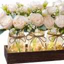LUEUR Mason Jar Lights Centerpiece with Farmhouse Wood Tray  3 Jars with Champagne Peony Spring Flowers, Spring & Summer Wedding Decoration for Dining Table, Coffee Table, Kitchen & Living Room