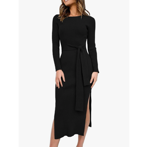 ANRABESS Womens Long Sleeve Sweater Dress Crew Neck Slim Fit Slit Tie Waist 2025 Ribbed Knit Bodycon Midi Dress Fall Outfits S