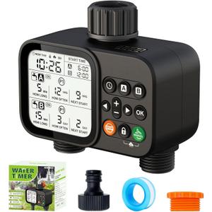 Sprinkler Timer for Garden Hose, 2 Zone Water Timer with with Auto Rain Delay, IP54 Waterproof 3.3 Large LCD Drip Irrigation System Timers for Plant, Yard, Lawns, Outdoor