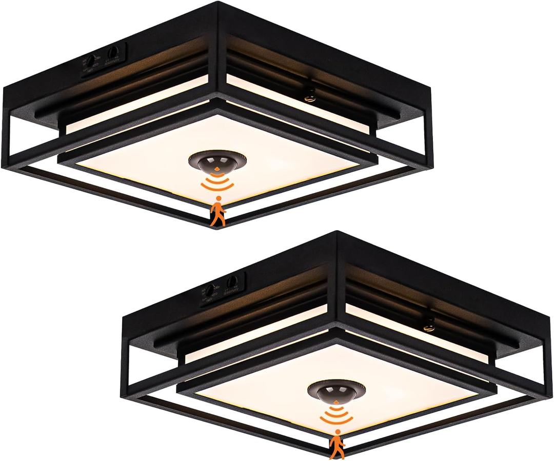2 Pack LED Motion Sensor Outdoor Ceiling Light, Industrial Flush Mount Ceiling Light, Black Dusk to Dawn Exterior Light, Waterproof Light Fixtures Ceiling Mount for Porch, Garage, Entryway, Farmhouse