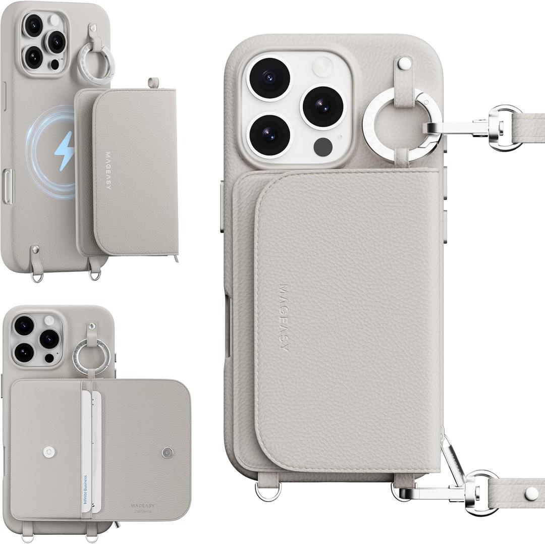 MAGEASY Designed for iPhone 16 Pro Wallet Case 6.3" - Detachable Wallet Case with Crossbody Strap, 16ft Ultimate Drop Protection, [The Only Phone Case with Purse Compatible with MagSafe] | Pouch M (Starlight)