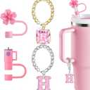 4 x Straw Cover for Stanley Cup Accessories - Unique Crystal Letter Charms for Stanley Cups, Cute Cup & Flower Silicone Straws Topper Covers for 30 & 40 0z Tumbler with Handle, 10mm 0.4in Straw Cap