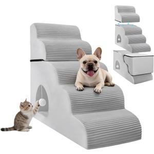 Dog Stairs for High Beds Up to 30" H with Tunnel,Extra Height 27.5" 5-Step Pet Steps for Small Dogs and Cats, Non-Slip Sturdy Dog Ramp with Anti-Tip Safety Strap and Removable Cover (Grey)