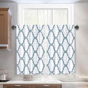 Melodieux Set of 2 Moroccan Fashion Tier Curtains for Kitchen,Geometric Lattice Rod Pocket Curtains for Cafe Bathroom Small Windows, Tiers - 29x45 Inch Length,Off White/Dusty Blue
