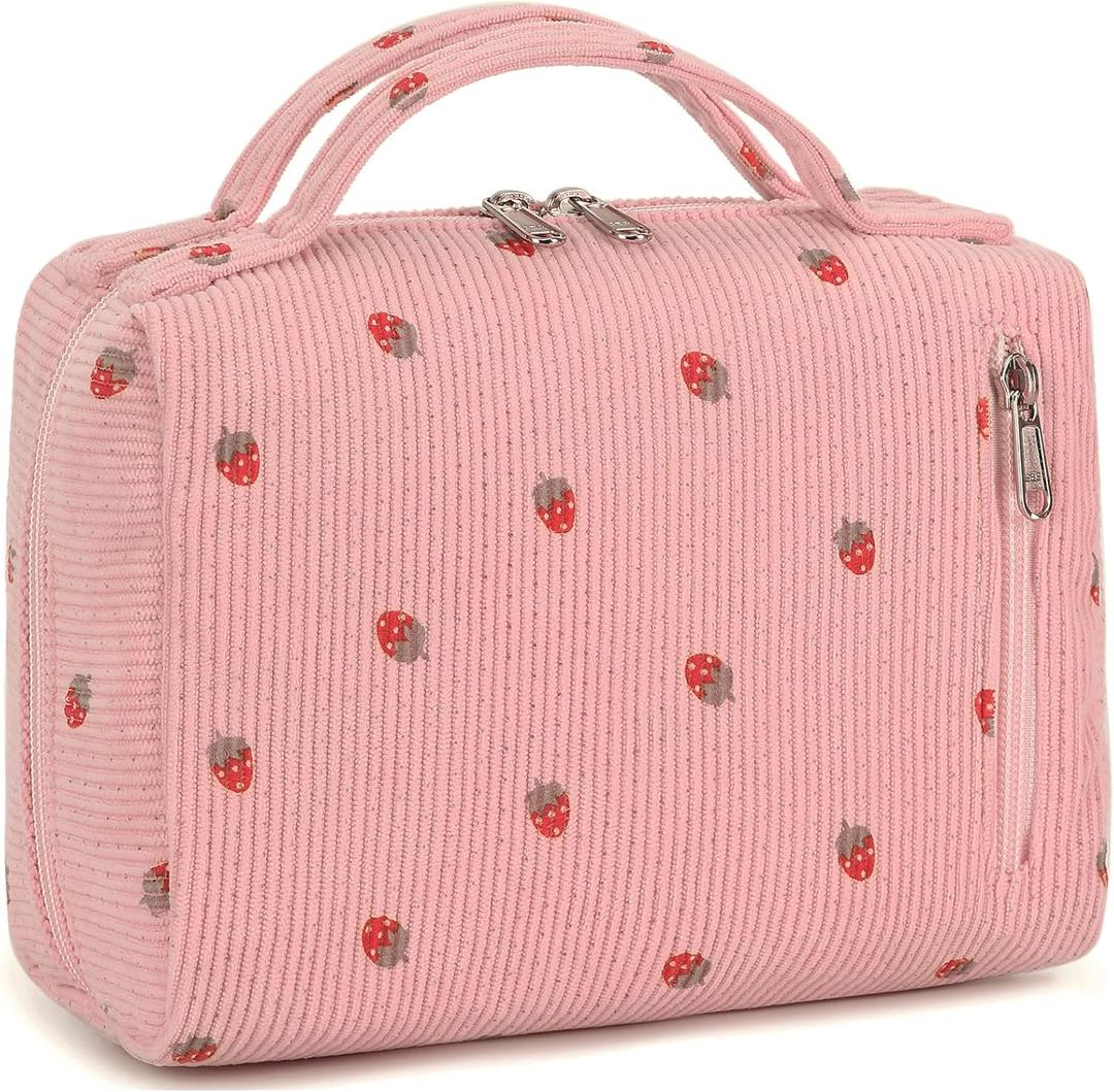 2 Pcs Makeup Bag Cosmetic Bag Set for Girls Women Travel Organizer Bathroom Toiletry Pouch Large Capacity Storage Bag (Strawberry Pink)