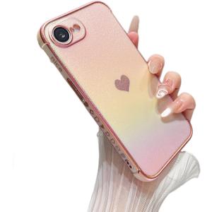 ZTOFERA for iPhone 16E/iPhone 17E Case 6.1 inch,Cute Colorful Iridescent Plating Edge Case with Love Hearts Pattern,Camera Lens Protection Shockproof Phone Case for Women Girls,Iridescent Pink