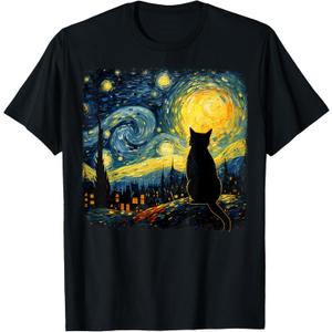 Cat Starry Night Van Gogh Cat For Cat Lover Cat Mom Cat Dad T-Shirt (Small, Black)