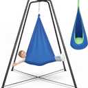 Swing Stand Frame with Sensory Swing and Pod Swing, Heavy-Duty X-Frame Sensory Swing Stand for Kids, Indoor & Outdoor Autism Sensory Hammock with Stand 350LBS Capacity for Home Backyard Park （Blue）