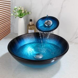 Bathroom Tempered Glass Vessel Sink Black & Blue Round Wash Basin Bowl Waterfall Mixer Chrome Brass Faucets Pop-up Drain Combo With Cold & Hot Water Hoses, 16.8x16.8x5.2 inches