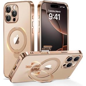 Desert Titanium for iPhone 16 Pro Case with 360° Spin Magnetic Stand,[Compatible with Magsafe] [Military Protection][Built-in Ring Holder] Camera Control Phone Case for 16 Pro,Rose Gold/Clear
