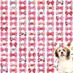 Tondiamo 100 Pieces Pink Valentine Dog Hair Bows with Rubber Bands Red Purple Rhinestone Puppy Grooming Topknot Bow Candy Tree Santa Reindeer Pet Hair Accessories for Small Girl