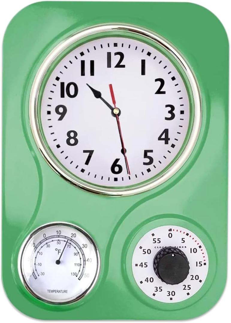 Lily's Home -9.5 Inch x 12.5 Inch - Retro Kitchen Wall Clock, Vintage Wall Clock with a Thermometer and 60-Minute Timer, Ideal for Any Kitchen, Office, or Diner (Retro Green)