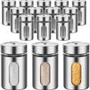 Dandat 12 Pcs Salt and Pepper Shakers Stainless Steel Spice Shakers with Adjustable Pour Holes and Glass Window 3.4oz Salt Dispenser Spice Jars with Rotating Lids for Sugar Seasoning Home