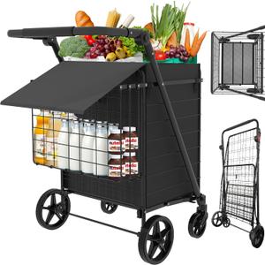 JIALIJIU 440 LBS Shopping Cart with Adjustable Handle, Waterproof Bag, 10-min Assembly Heavy-Duty Foldable Grocery Cart with 360 Swivel Wheels for Apartments, Laundry, Camping, Black