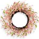 Spring Summer Wreath for Front Door 22 Inch Pink | Artificial Forsythia Blossom Floral with Berrie Reusable Wreath with Grapevine for Farmhouse Decor Easter Wedding Mothers Day