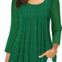 VALOLIA Women's 3/4 Sleeve Tunic Tops Casual Loose Fit Floral Blouses Mesh Pleated Layered Shirt (Large)