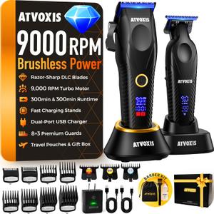9000 RPM Brushless Motor Professional Hair Clippers Set for Men: Cordless Clippers & Zero Gap Trimmers with DLC Blades LED Display Fast Charging Stands Travel Pouch Maquina Para Cortar Pelo De Hombre