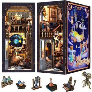 Fsolis Book Nook Kit, 3D Wooden Puzzles for Adults Booknook Magic Bookshelf Miniature Kit Shelf Decor Decoratvie Bookends Tiny House Gifts for Women Readers Book Lovers(Nebula Common Room)