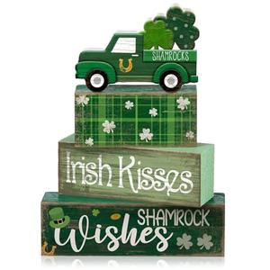 Lineshading 4 Pcs St. Patrick's Day Table Decoration Wooden Shamrocks Truck St Patrick's Day Tiered Tray Decor Irish Table Centerpiece for Saint Patty's Party Farmhouse Home Kitchen Decor