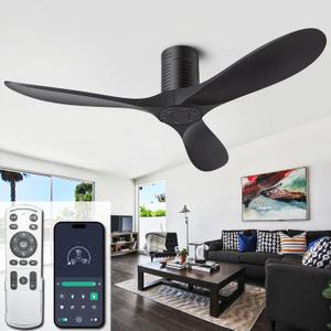 52 Flush Mount Ceiling Fans No Lights and Remote/APP Control, 6 Speed DC Motor, Low Profile Ceiling Fan Without Light for Bedroom, Hallway,Indoor/Outdoor(Matte Black)