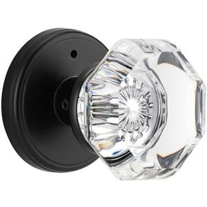 2 Pc CLCTK Glass Door Knobs Interior with Lock, Octagon Crystal Privacy Round Matte Black Door Knobs for Bedroom Bathroom