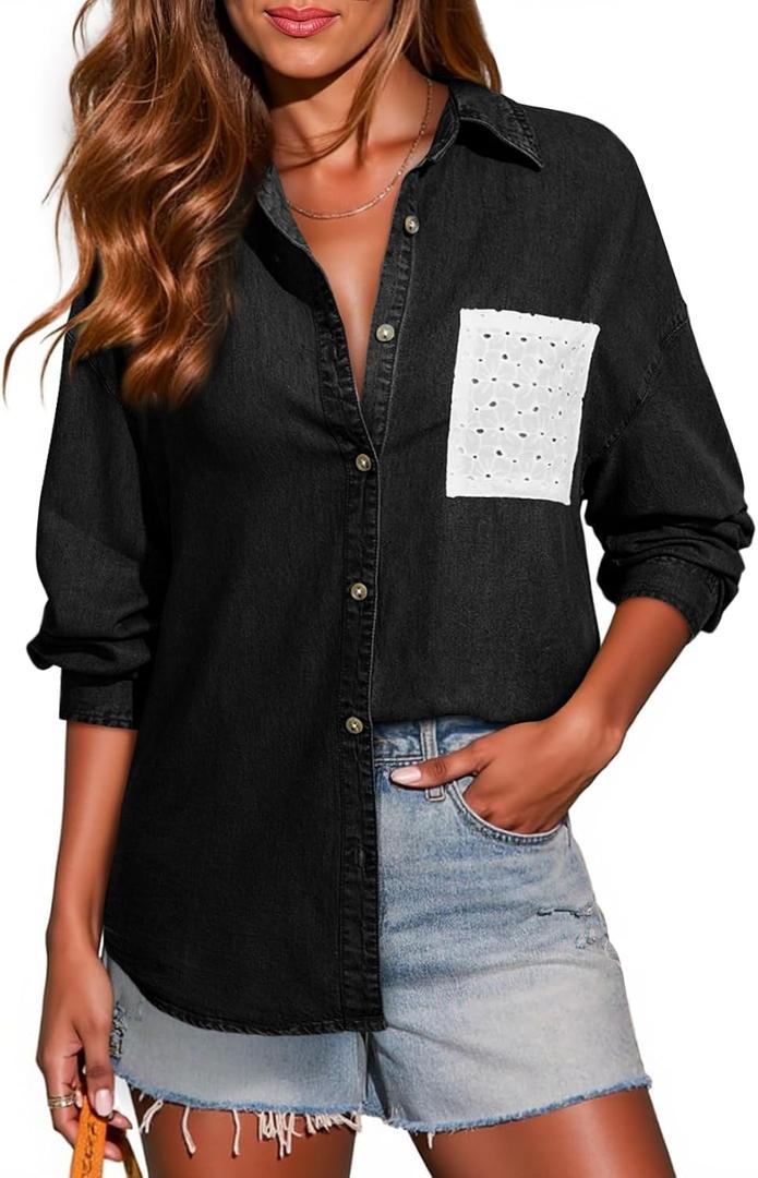 Sidefeel Women's Denim Shirt Button Down Long Sleeve Jean Shirt Shackt with Lace Pocket Denim Top (Black, M)