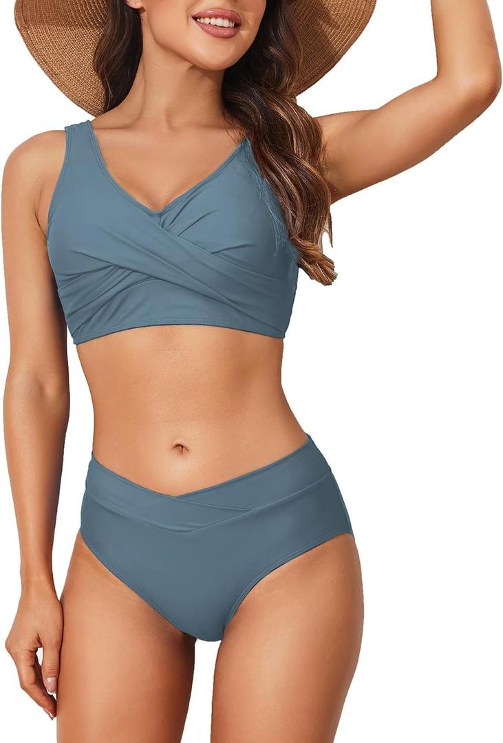 Limeeke Women's High Waisted Bikini Set Twist Front Two Piece Swimsuit Lace Up Tie Back Bathing Suits (X-Large, Grey Blue)