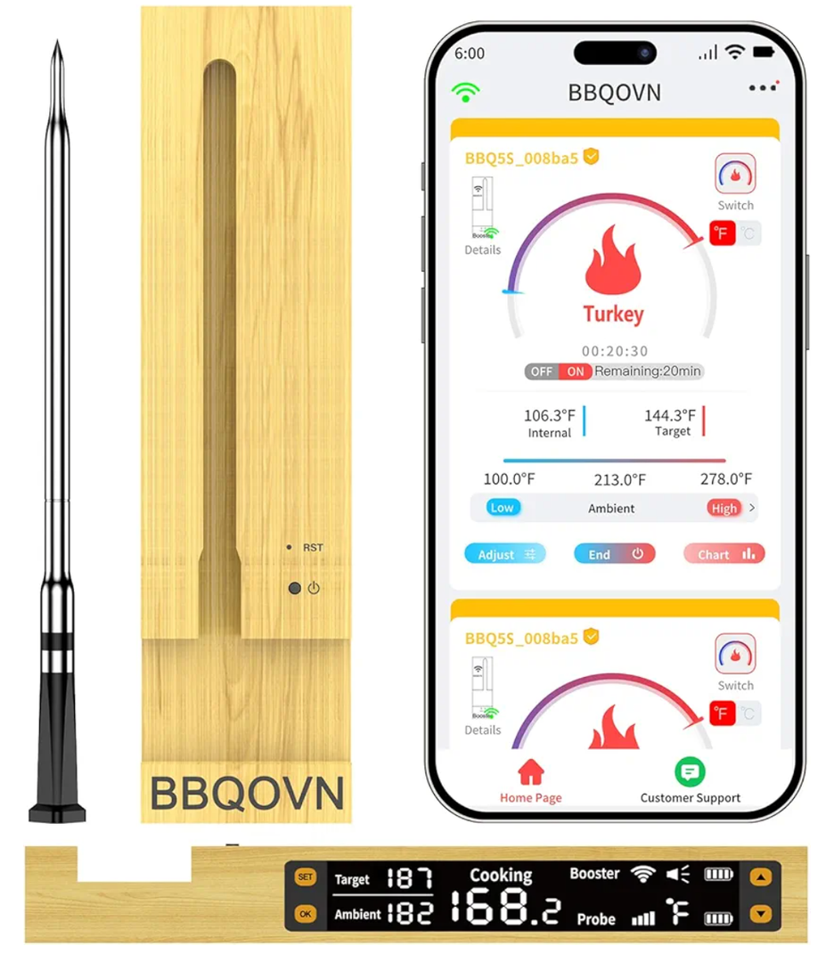 WiFi Sub-1G Wireless Meat Thermometer Unlimited Range, Check Temp Anywhere,7 NIST Certified Sensors with Ambient Temp, Monitor for BBQ, Grill, Oven, Smoker, Air Fryer (Black