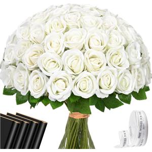 Waipfaru 50 Pcs White Roses Artificial Flowers Bulk, Real Touch Velvet Roses with Wrapping Paper, Fake Flowers for Wedding Centerpieces Bridal Bouquet Valentines Mothers Day Decor