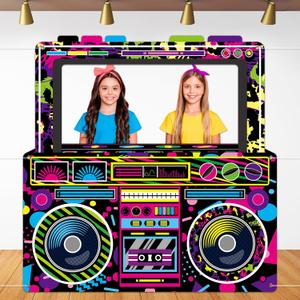 Radio Boombox Photo Booth Props for 80s 90s Party Decorations 59 X 59 Inch, Neon Radio Boombox Selfie Frame Backdrop Hanging Banner Party Supplies for 90s Boys Girls Hip Hop Music Theme Birthday Decor