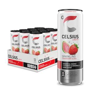 CELSIUS Sparkling Strawberry Guava, Functional Essential Energy Drink 12 Fl Oz (Pack of 12), Best By: 1025