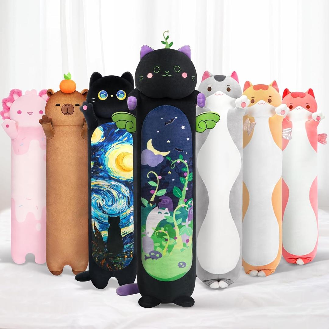 Long Cat Plush 5 Sizes, 120% Extra Filling Giant Plushness Kids Body Pillow, Kawaii Cute Black Cat Stuffed Animals Plushies, Big Long Body Pillow Black Cat Plush Gift for Girls 44 (43.3in/110cm, Black Mint Cat)