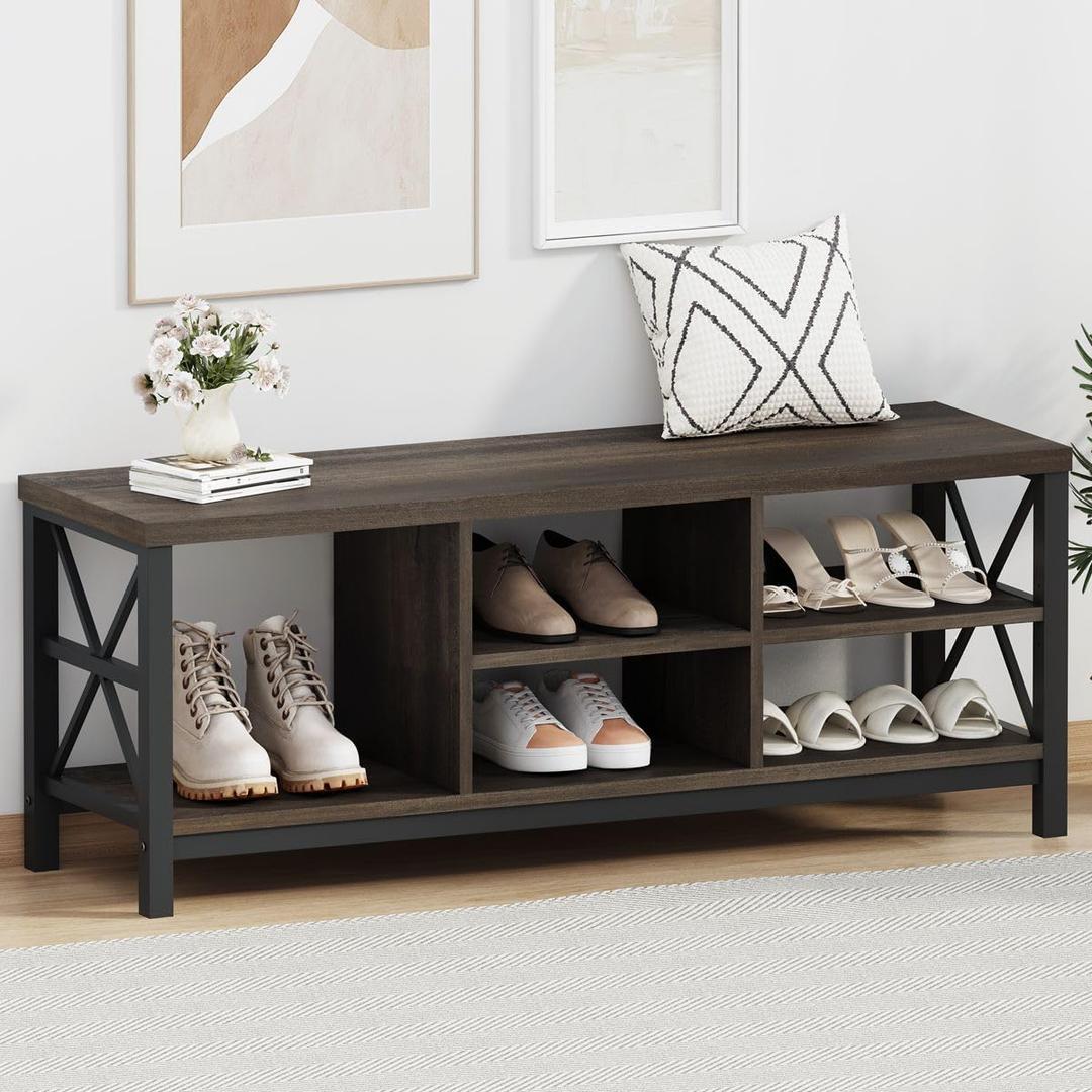FATORRI Shoe Bench Entryway with Storage, Industrial Wood and Metal Hallway Benches with Adjustable Shelves, Rustic Entry Way Bench for Living Room (47.24 Inch Long, Walnut Brown), 47.24"W x 14.17"D x 18.11"H