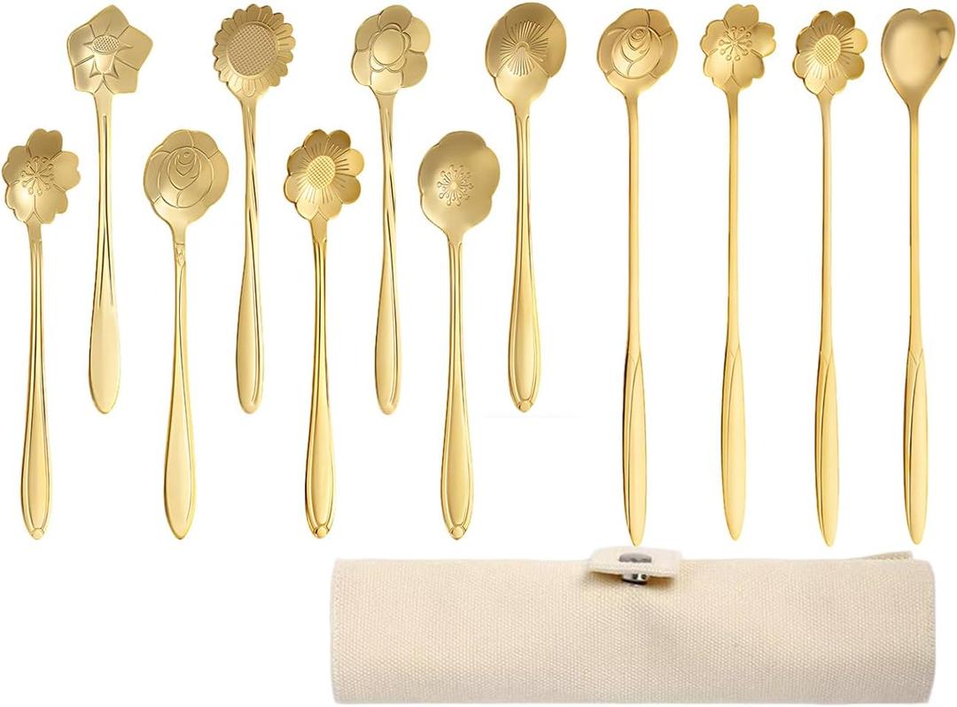 12 Pcs Flower Coffee Tea Spoons Set with Storage Bag, 4 Long & 8 Short Stainless Steel Teaspoons for Sugar Dessert Ice Cream Stirring, Cute Fancy Tableware for Tea Party Kitchen Cafe Bar(Gold)