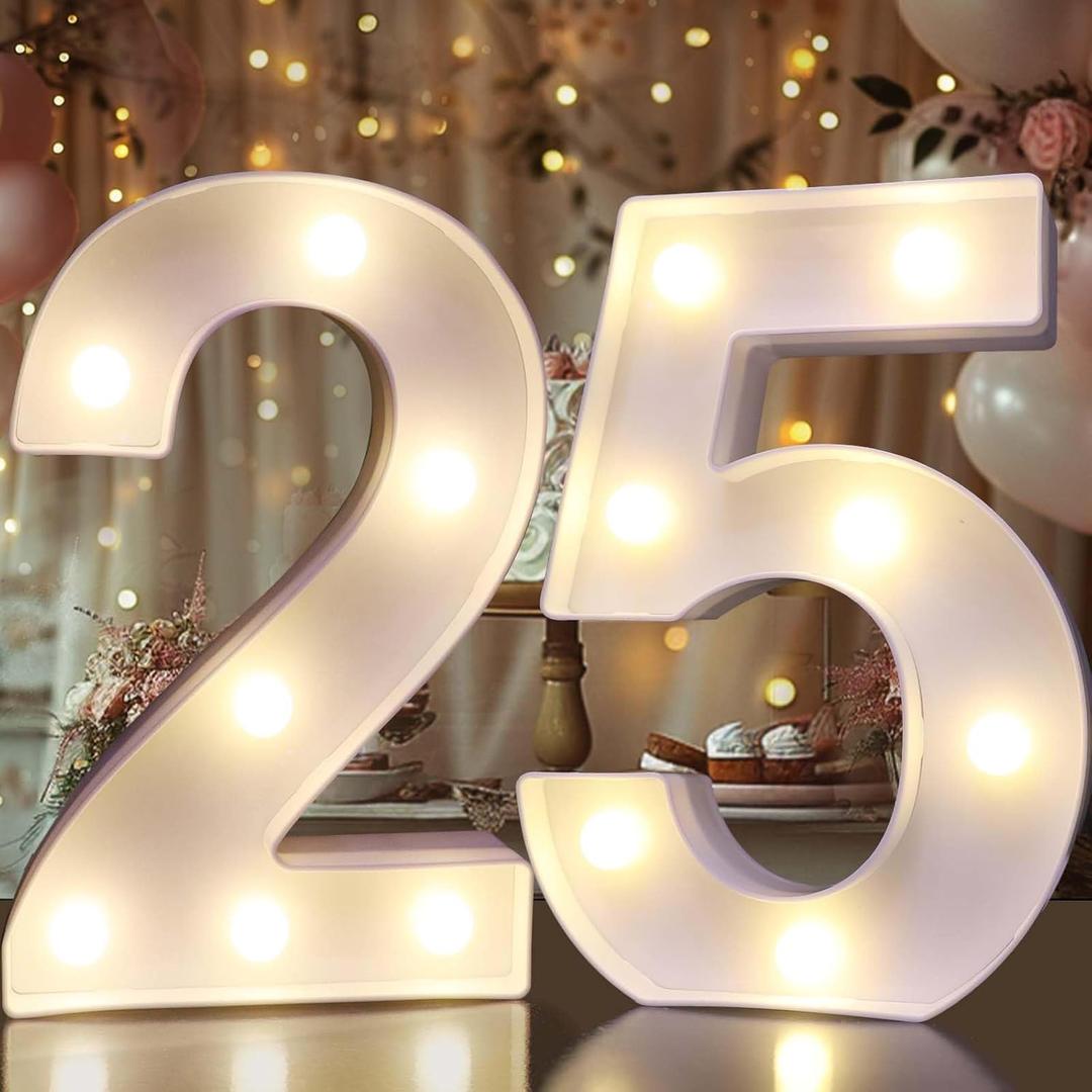 Pooqla 25th Birthday Decorations for Her Him, Light Up Number 25 for Party Table Decorations, 25th Birthday Gift for Women Men, Backdrop Wall Decor for 25th Wedding Anniversary Decoration (White)