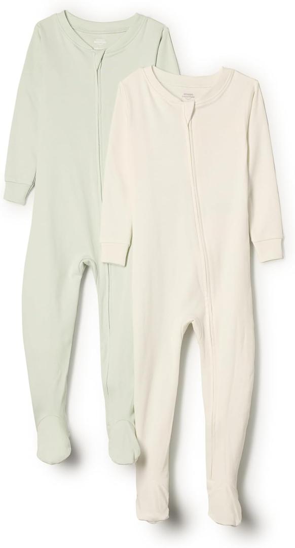 Amazon Essentials x Sofia Grainge Unisex Toddlers and Babies' Snug-Fit Cotton Footed Pajamas (6-9 Months, Ivory/Pale Green)