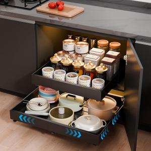 Expandable Pull Out Cabinet Organizer Adhesive12.5"-20.6" W21" D No Drill Adjustable Cabinet Drawers,Slide Out Cabinet Organizer for Home Kitchen,Pantry,Black 1PC