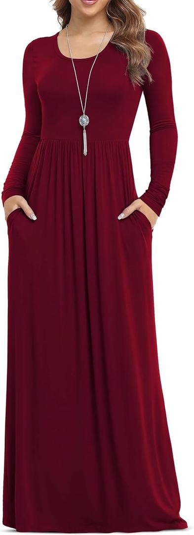 VIISHOW Women's Long Sleeve Loose Plain Maxi Dresses Casual Long Dresses with Pockets (L)