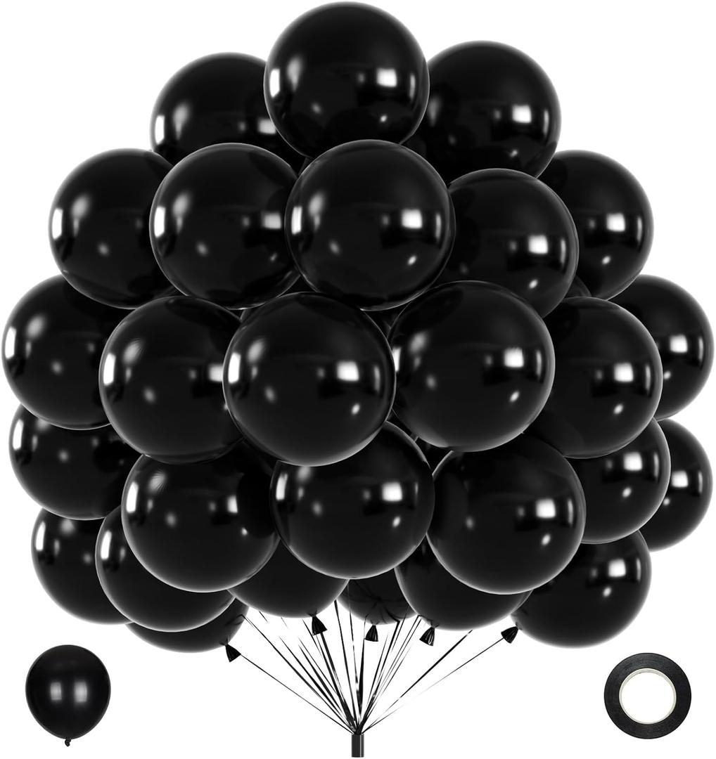 40pcs Black Balloons, 12inch Helium Quality Black Latex Balloons for Birthday Wedding Graduation Halloween Party Decorations (With Ribbon)