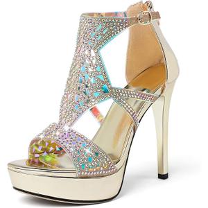 Eldof High Heeled Sandals for Women, Open Toe Strappy Platform Sandals, Cutout Gladiator Heels with Rhinestones, Pumps Shoes for Dress Party Evening Summer(8.5)