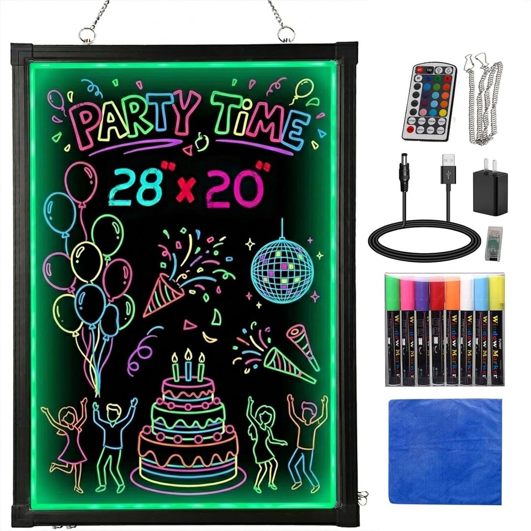 Slsy LED Writing Board 28"x20", Erasable Light-Up Message Display, 12 Colors & 26 Modes, Reusable LED Menu Sign with 8 Markers for Doodle, Illuminated Sign Board for Restaurants, Bars, Classrooms