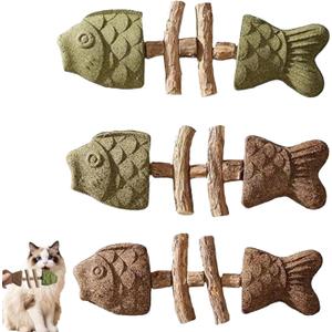 3PCS Cat Dental Health Chew, Natural Fishbone Shape Teething Toy with Catnip, Durable Feline Tooth Care Tool