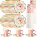Domensi 60 Pieces Tea Party Decorations Include 30 Pcs 9 oz Paper Cups with Handle and 30 Pcs Tea Party Paper Plates Disposable Blossom Teacups and Saucers for wedding Favors(Elegant)