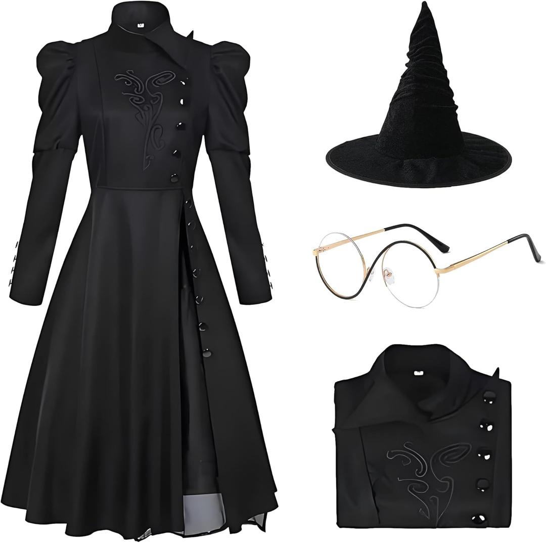 Eelphabbaa Costume, Wicked Costume Women Set with Hat & Glasses, Black Dress for Halloween Cosplay Themed Party