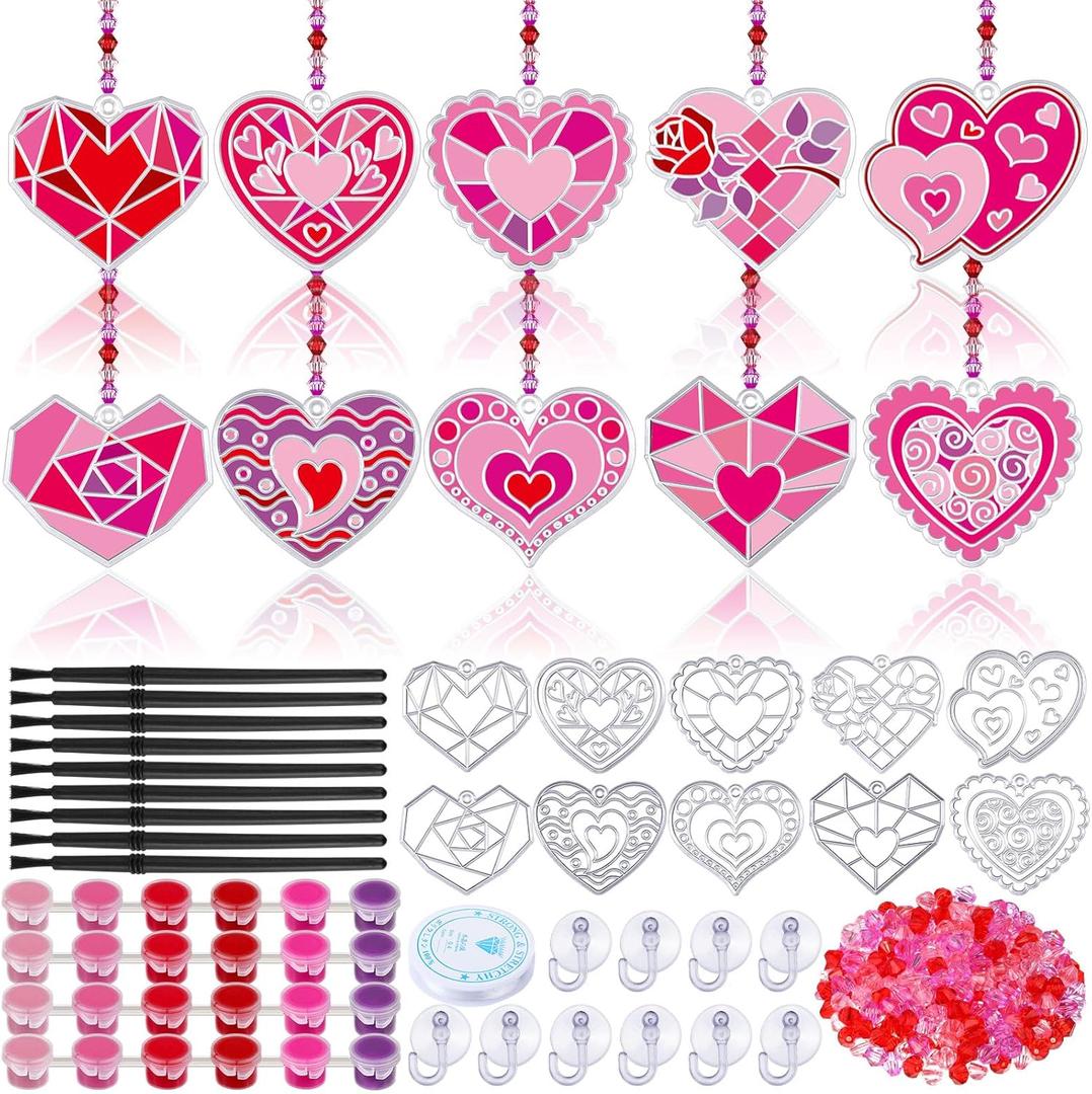 WinnerWhy 30 Sets Valentines Day Suncatchers Craft Kits Heart Suncatcher Ornaments DIY Window Paint Art Sun Catchers for Valentines Adults Art Project Party Favors Gift (Heart Valentines Day)