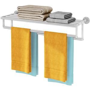 Double Towel Racks for Bathroom, Towel Rack with Shelf, Towel Shelf with Double Towel Bar Brushed Nickel, Wall Mount Towel Holder Stainless Steel, 32 Inch Towel Bar with Shelf