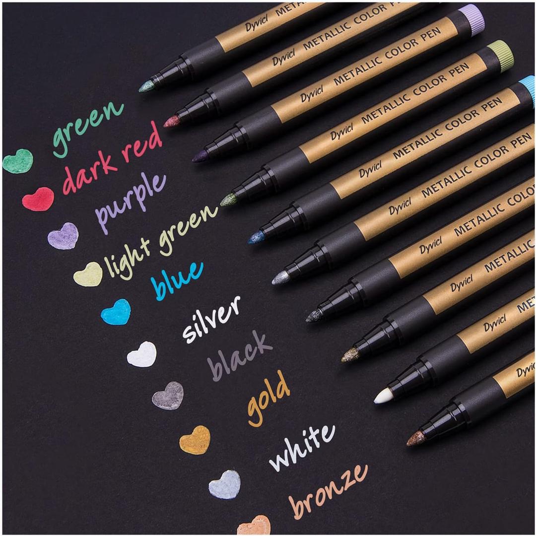Dyvicl Metallic Marker Pens - Set of 10 Medium Point Metallic Markers for Rock Painting, Black Paper, Card Making, Scrapbooking Crafts, DIY Photo Album