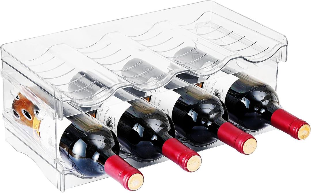 IEEK 2 Pack Stackable Wine and Water Bottle Holder Free-Standing Fridge Wine Bottle Organizers Clear Plastic Water Bottle Holder for Cabinet, Refrigerator, Pantry, Kitchen Countertops, Holds 8 Bottles